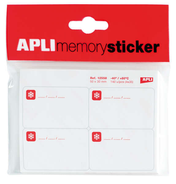 Apli Memory Sticker Pack de 140 Etiquetas Especial para Congelar 50x30mm - 35 Hojas x 4 Etiquetas - Cantos Romos - Adhesivo Removible Resistente hasta -40º - Color Blanco 1 pieza(s)