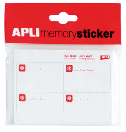 Apli Memory Sticker Pack de 140 Etiquetas Especial para Congelar 50x30mm - 35 Hojas x 4 Etiquetas - Cantos Romos - Adhesivo Removible Resistente hasta -40º - Color Blanco 1 pieza(s)