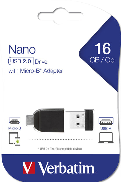 Verbatim - Nano - Unidad USB de 16 GB con adaptador Micro USB - Negro