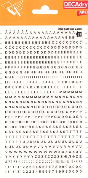 Apli Letras y Numeros Transferibles - 2.5mm - 731 Caracteres - Facil Aplicacion y Gran Adherencia - Negros 1 pieza(s)