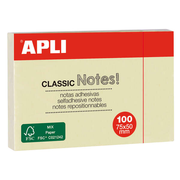 APLI - APLI NOTAS ADHESIVAS CLASICAS 75X50MM BLOC 100H AMARILLO -12U-