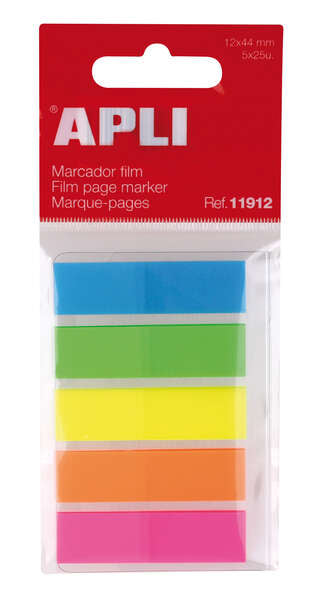 Apli Indices Adhesivos Film 45x12mm 5 Colores Fluorescentes - 25 Indices por Color - Facil de Pegar y Despegar - Ideal para Marcar y Organizar - Practico Tamaño - Color Variado 1 pieza(s)