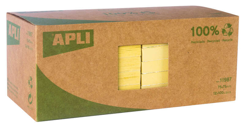 Apli Notas Adhesivas Recicladas Classic 75x75 - 12 Blocs de 100 Hojas - Adhesivo de Calidad - Papel Reciclado - Amarillo 1 pieza(s)