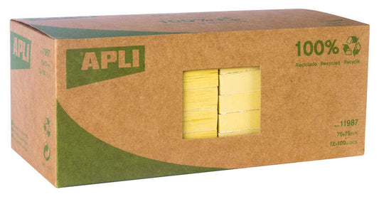 Apli Notas Adhesivas Recicladas Classic 75x75 - 12 Blocs de 100 Hojas - Adhesivo de Calidad - Papel Reciclado - Amarillo 1 pieza(s)