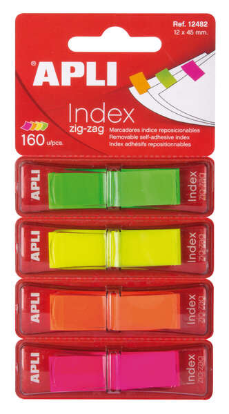 Apli Indices Adhesivos Film Zigzag 45x12mm 4 Dispensadores de 40 Indices - Faciles de Aplicar - Resistentes - Removibles - Colores Fluorescentes - Multicolor 1 pieza(s)