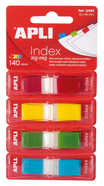 Apli Indices Adhesivos Film Zigzag 45x12mm 4 Dispensadores de 35 Indices de 4 Colores - Faciles de Aplicar - Adhesivo de Calidad - Diseño Zigzag - Organiza Tus Documentos - Multicolor 1 pieza(s)