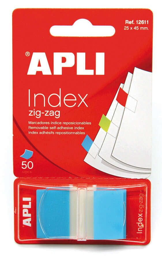 Apli Indices Adhesivos Film Zigzag 45x25mm Dispensador de 50 - Faciles de Aplicar - Diseño Zigzag - Adhesivo de Calidad - Azul 1 pieza(s)