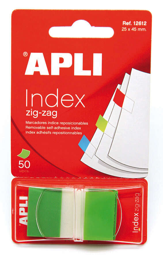 Apli Indices Adhesivos Film Zigzag 45x25mm - Dispensador de 50 Indices - Adhesivo de Calidad - Facil de Despegar - Diseño Zigzag - Verdes 1 pieza(s)