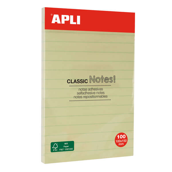 Apli Notas Adhesivas Classic con Lineas 100x150mm - Bloc de 100 Hojas - Adhesivo de Alta Calidad - Facil de Despegar - Amarillo 1 pieza(s)