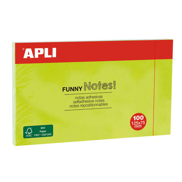 Apli Notas Adhesivas Funny 125x75mm - Bloc de 100 Hojas - Adhesivo de Calidad - Facil de Despegar - Color Verde Fluorescente 1 pieza(s)