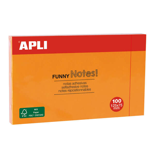 Apli Notas Adhesivas Funny 125x75mm - Bloc de 100 Hojas - Adhesivo de Calidad - Color Naranja Fluorescente 1 pieza(s)