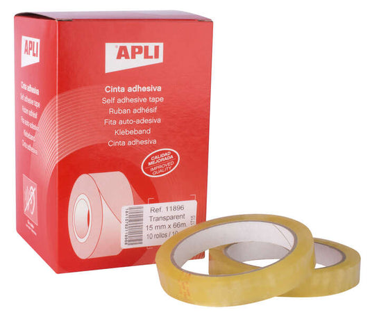 Apli Cinta Adhesiva Transparente 15mm x 66m - Resistente al Agua y a la Intemperie - Facil de Cortar con las Manos - Ideal para Manualidades y Embalaje Transparente 10 pieza(s)