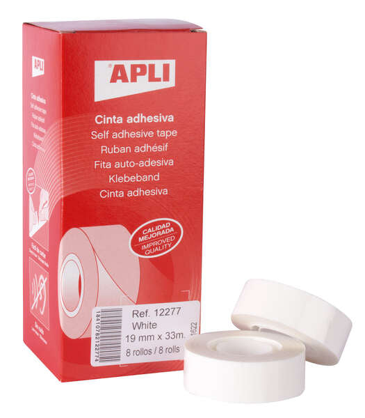 Apli Cinta Adhesiva Blanca 19mm x 33m - Resistente al Desgarro - Facil de Cortar - Adhesion Fuerte Blanco 8 pieza(s)