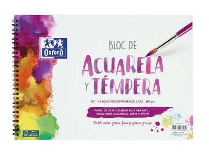 Oxford Bloc de Acuarela y Tempera Escolar Espiral Formato A4+ Liso - 10 Hojas Microperforadas 300gr Color natural - Papel de Doble Cara: Grano Grueso y Grano Fino 5 pieza(s)