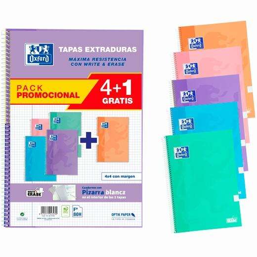 Oxford - PACK 4+1 CUADERNOS CLASSIC WRITE&ERASE Fº T.EXTRADURA 80H 4X4 COLORES PASTEL OXFORD 400159802