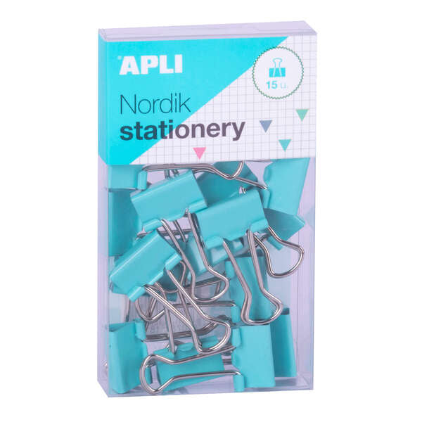 Apli Pinzas de Palas Abatibles 19mm - Clips de Acero Templado en Colores Pastel - Asas en Acabado Niquel - 15 Pinzas por Caja - 12 Cajas (3 por Color) - Eurohole para Colgar - Sujecion Óptima Hasta 50 Hojas - Disponibles en 4 Colores Nordik 8 pieza(s)