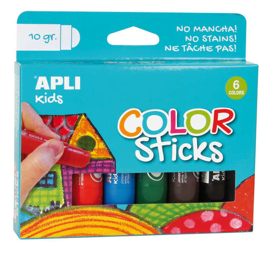 Apli Color Sticks Temperas Solidas - Pack de 6 Unidades de 10g - Acabado Satinado sin Necesidad de Barniz - Secado Rapido en Menos de 3 Minutos - Efecto Cera o Tempera Segun la Presion Ejercida 1 pieza(s)