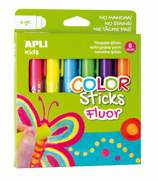 Apli Color Sticks Temperas Solidas Fluorescentes - Pack 6 Unidades de 6g - Acabado Satinado sin Necesidad de Barniz - Secado Rapido en Menos de 3 Minutos - Efecto Cera o Tempera Segun la Presion 1 pieza(s)