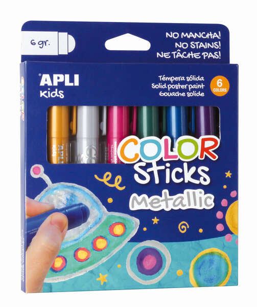 Apli Color Sticks Temperas Solidas - Pack de 6 Unidades de 6g en Colores Metalizados - Acabado Satinado sin Necesidad de Barniz - Secado Rapido en Menos de 3 Minutos - Efecto Cera o Tempera Segun la Presion Ejercida 1 pieza(s)