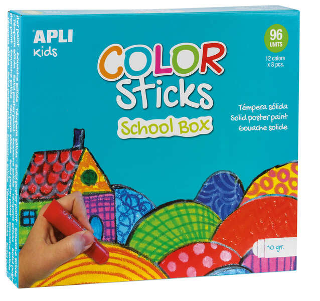 Apli Color Sticks Temperas Solidas - Caja de 96 Unidades de 10g - Colores Surtidos Ideales para Escuelas y Colectivos - Acabado Satinado y Secado Rapido en Menos de 3 Minutos - Flexible y sin Disolventes 1 pieza(s)