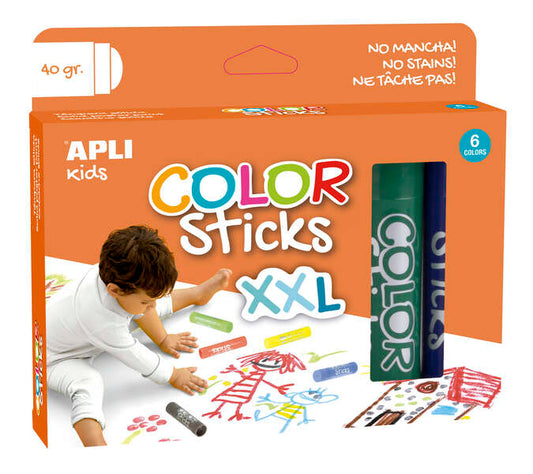 Apli Color Sticks xxl Temperas Solidas - Pack 6 Unidades de 40g - Tamaño xxl para Murales - Acabado Satinado sin Necesidad de Barniz - Secado Rapido en Menos de 3 Minutos - Efecto Cera o Tempera Segun la Presion 1 pieza(s)