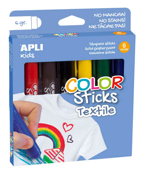 Apli Color Sticks Textil - Pack 6 Unidades de 6g - Colores Surtidos Resistentes Al Lavado - Secado Al Aire en 12 Horas - Colores Nitidos y Vivos - Distintos Acabados Segun la Presion - sin Disolventes 1 pieza(s)