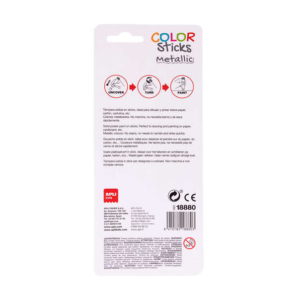 Apli Color Sticks Temperas Solidas - Pack 2 Unidades de 6g en Colores Metalizados - No Manchan, Acabado Satinado, Secado Rapido - Efecto Cera o Tempera Segun Presion - Flexible y sin Disolventes 1 pieza(s)