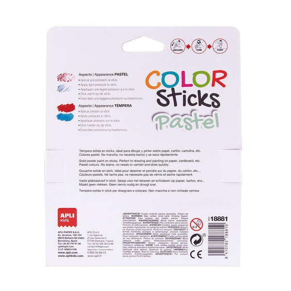 Apli Color Sticks Temperas Solidas - Pack 6 Unidades de 6g en Colores Pastel - Acabado Satinado sin Necesidad de Barniz - Secado Rapido en Menos de 3 Minutos - Efecto Cera o Tempera Segun la Presion Ejercida 1 pieza(s)