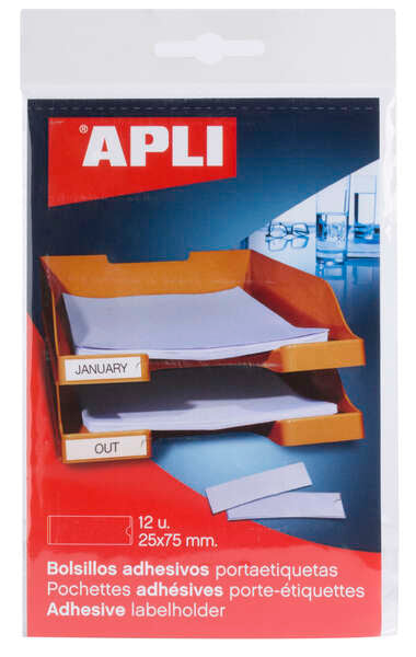 APLI - PACK 12 BOLSILLOS ETIQ. APLI ADH. TRANSP. 25X75MM