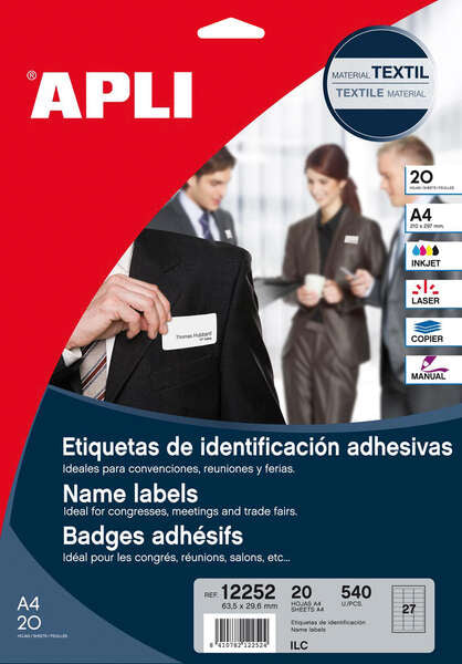 Apli Etiquetas Textiles de Identificacion Adhesivas con Cantos Romos - Tamaño 63.5 x 29.6mm - Adhesivo Removible - Pack de 20 Hojas con 540 Etiquetas - Compatible con Impresoras Inkjet, Laser O Fotocopiadoras 1 pieza(s)