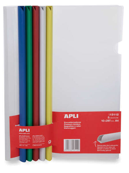 Apli Encuadernadores Deslizantes en Colores Surtidos 10x297mm con Funda Transparente - Ranura para Facil Insercion de Hojas - Pack de 5 con Capacidad de 100 Hojas 1 pieza(s)