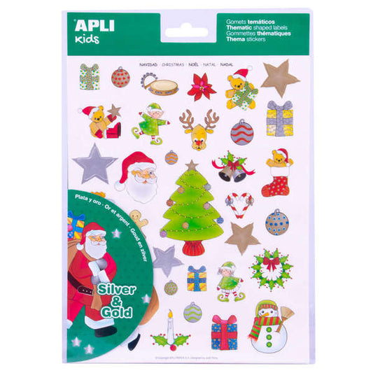 Apli Gomets Tematicos Navidad - 99 Gomets en 3 Hojas - Ilustraciones Educativas - Adhesivo Removible - Tinta Oro y Plata - Normas EN-71 y FSC - ECF - 100% Reciclables - Color Oro y Plata 5 pieza(s)