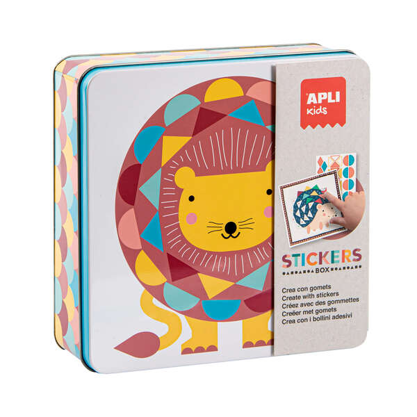 Apli Juegos de Gomets Leon - Incluye 16 Laminas y 14 Hojas de Gomets Removibles - Estimula la Psicomotricidad Fina y el Pensamiento Matematico - Caja Metalica Exclusiva Apli Kids - Colorido Diseño Leon 1 pieza(s)