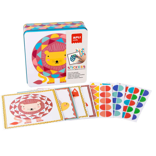 Apli Juegos de Gomets Leon - Incluye 16 Laminas y 14 Hojas de Gomets Removibles - Estimula la Psicomotricidad Fina y el Pensamiento Matematico - Caja Metalica Exclusiva Apli Kids - Colorido Diseño Leon 1 pieza(s)