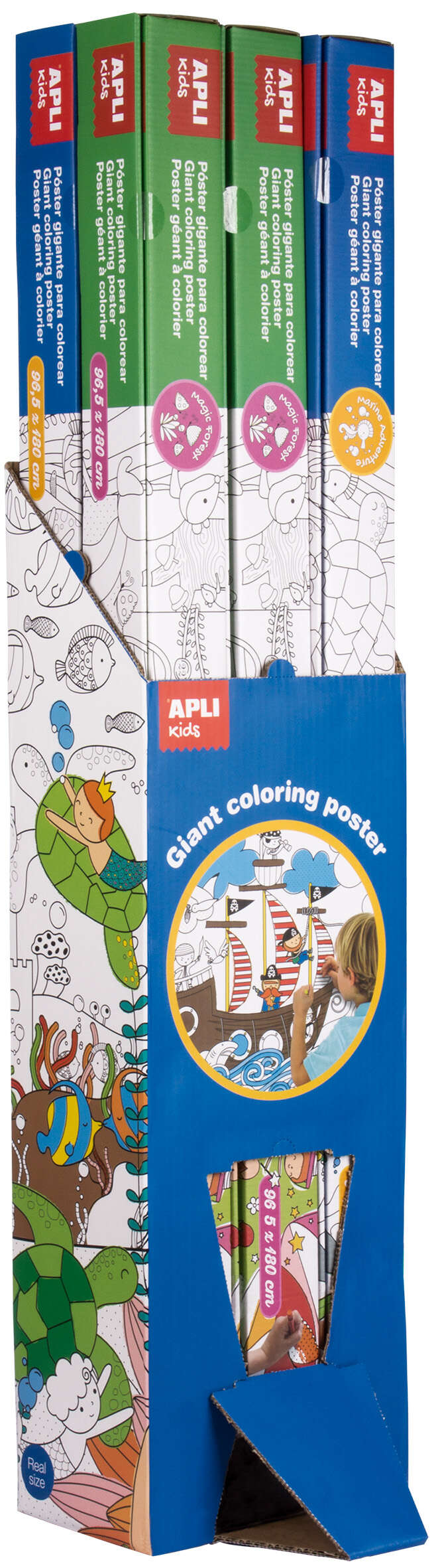 Apli Expositor de Posteres Gigantes para Pintar - Tamaño 180x96.5 mm - 6 Rollos con 2 Modelos: Mundo Marino y Bosque Magico - Ideal para Jugar en Grupo o en Familia - Alto Valor Didactico - Color Blanco y Negro 1 pieza(s)