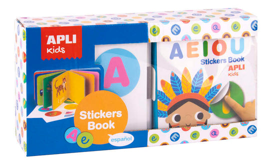 Apli Libro de Pegatinas Vocales Educativo - Tamaño 100x100x40 - 10 Paginas de Carton Rigido de 3mm - 5 Hojas de Gomets Removibles - Diseño Infantil con Ilustraciones Coloridas y Divertidas - Colorido 1 pieza(s)