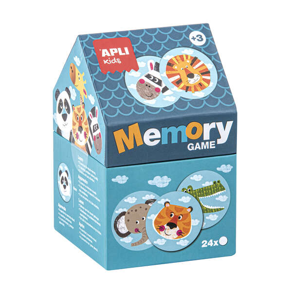 Apli Juego de Memoria Infantil - 24 Piezas Ø 8 cm - Dibujos de Animales Divertidos - Caja en Forma de Casita - Resistentes y Seguras - Mejora la Concentracion, Memoria y Habilidades Matematicas - Autoestima y Motivacion 1 pieza(s)