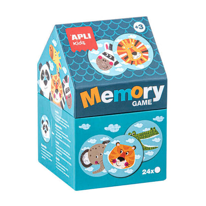 Apli Juego de Memoria Infantil - 24 Piezas Ø 8 cm - Dibujos de Animales Divertidos - Caja en Forma de Casita - Resistentes y Seguras - Mejora la Concentracion, Memoria y Habilidades Matematicas - Autoestima y Motivacion 1 pieza(s)