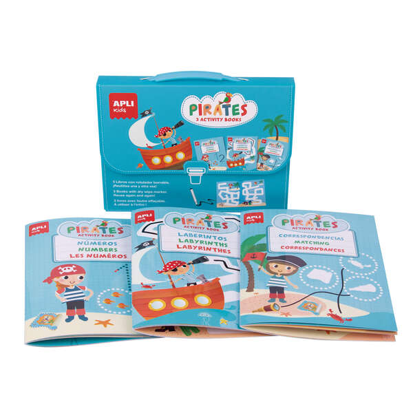 Apli Expositor Activity Books de 6 Unidades - 2 Tematicas: el Mundo Magico y Piratas - 3 Libros con Hojas Plastificadas y Actividades Variadas - Rotulador Reutilizable - Ideal para Actividades Educativas - Color Azul 1 pieza(s)