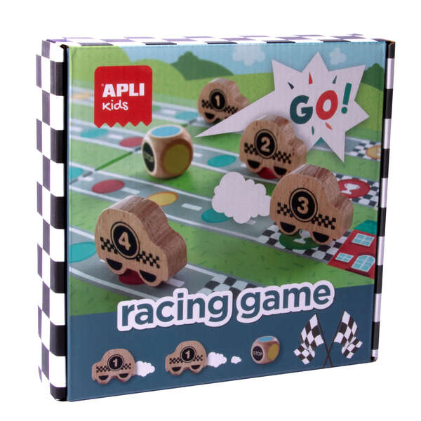 Apli Racing Game Juego de Mesa - Tablero Despegable - 4 Piezas de Madera con Forma de Coche - Dado de Colores - Enseña a Respetar las Reglas - Colorido 1 pieza(s)