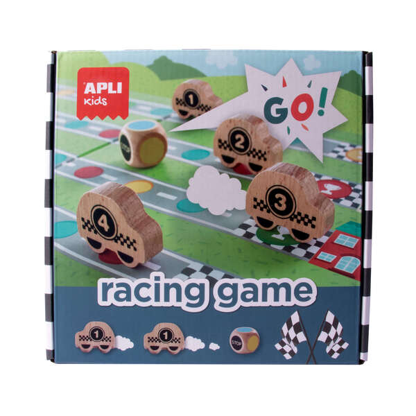 Apli Racing Game Juego de Mesa - Tablero Despegable - 4 Piezas de Madera con Forma de Coche - Dado de Colores - Enseña a Respetar las Reglas - Colorido 1 pieza(s)