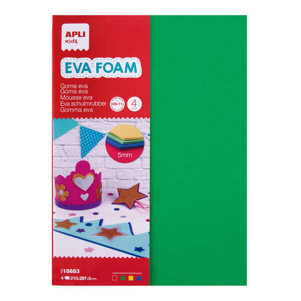 Apli Goma Eva Multicolor A4, 5mm - 4 Hojas Gruesas - Rojo, Amarillo, Verde y Azul 1 pieza(s)