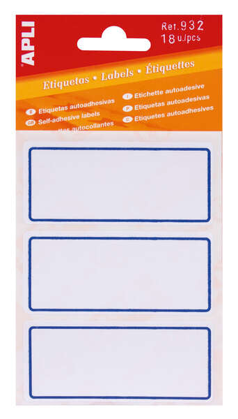 Apli Etiquetas Adhesivas Escolares Basicas - Tamaño 78x34mm - 6 Hojas (18 Etiquetas) - Adhesivo Permanente de Alta Calidad - Color Blanco con Ribete Azul 10 pieza(s)