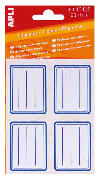 Apli Etiquetas Adhesivas Escolares Basicas - Tamaño 50x38mm - Ribete Azul - Adhesivo Permanente - Ideal para Marcar e Identificar - Color Blanco 10 pieza(s)