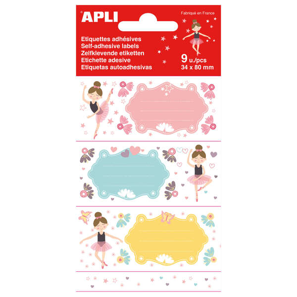 Apli Etiquetas Adhesivas Escolares Bailarinas - Tamaño 81x36mm - 9 Etiquetas (3 por Diseño) - Adhesivo Permanente de Alta Calidad - Color Blanco 5 pieza(s)