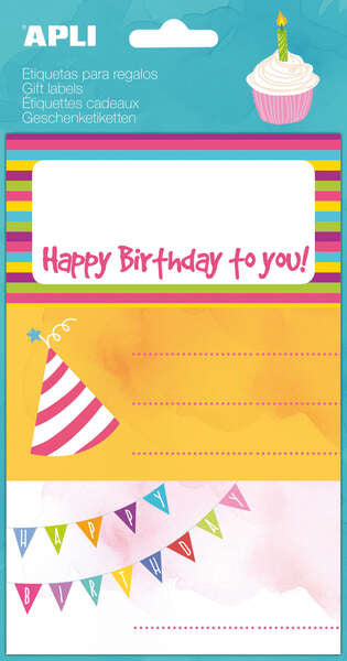 Apli Etiquetas Adhesivas Happy Birthday - Tamaño 76x39mm - 9 Etiquetas en 3 Hojas - Adhesivo Permanente de Alta Calidad - Ideal para Marcar e Identificar Regalos - Diseño Alegre y Colorido 10 pieza(s)