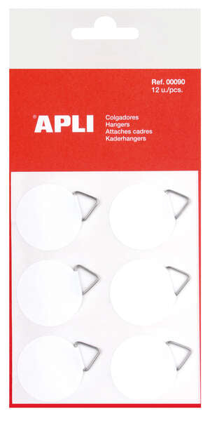 Apli Pack de 12 Colgadores Autoadhesivos Redondos Ø 30mm - Triangulo Metalico de Soporte - Base Adhesiva Blanca - Gran Resistencia - Ideal para Fotos, Calendarios y Posteres 10 pieza(s)