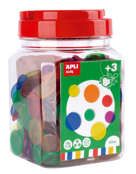 Apli Kit de 500 Piezas Redondas de Plastico Transparente - 25mm y 18mm - Ideal para Mesas de Luz y Practicas de Secuencias y Clasificaciones - Formato Maxi en Bote con Tapa - Colores Surtidos 1 pieza(s)