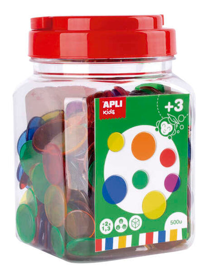 Apli Kit de 500 Piezas Redondas de Plastico Transparente - 25mm y 18mm - Ideal para Mesas de Luz y Practicas de Secuencias y Clasificaciones - Formato Maxi en Bote con Tapa - Colores Surtidos 1 pieza(s)