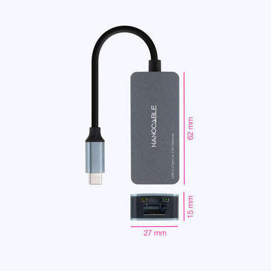 Nanocable Conversor USB-C 3.2 GEN1 Ethernet 2.5G 15cm - Color Gris 1 pieza(s)